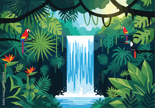 Canvas Print A vibrant jungle scene with a waterfall