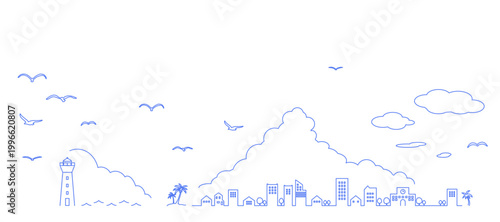 シンプルな夏の海辺の街並みのシルエットイラスト