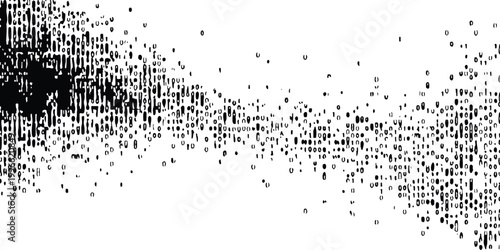 Abstract glitch binary code background vector illustration featuring digital degradation and distorted matrix data numbers. 