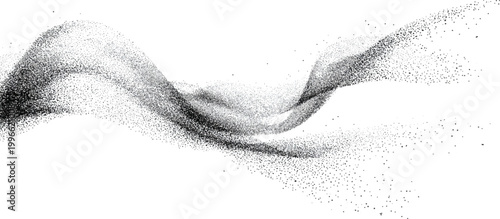 Abstract dynamic particle wave background vector illustration with black and white stipple dot dispersion flow effect.