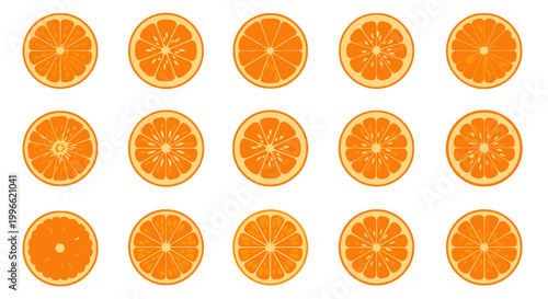 Set of Bright Orange Cartoon Citrus Slices with Segmented Pulp in Flat Vector Design