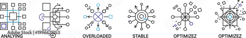 Data processing and optimization icons vector set with analyzing overloaded stable and optimized system states for performance management and analytics design