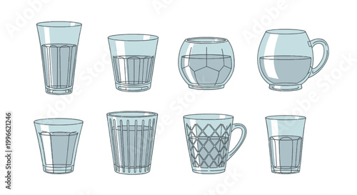 Set of Cartoon Glassware with Water Including Tumblers Goblets and Mugs in Flat Line Art Design