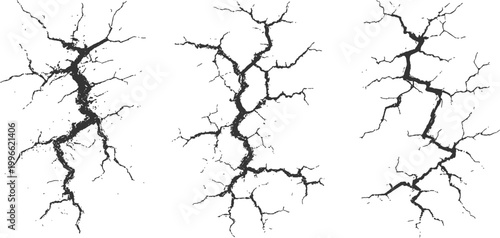 Set of realistic black silhouettes of wall cracks and earth fissures from earthquake damage vector illustration.