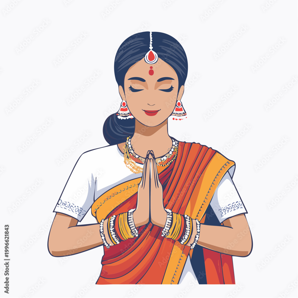 Obraz premium Indian Woman Greeting with Namaste Gesture
