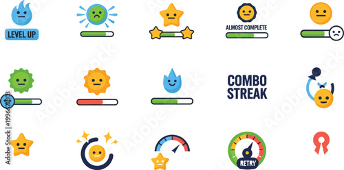 Gamification UI icons vector set with level progress badges combo streak rating feedback and achievement indicators for mobile app and game design