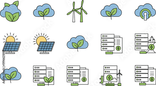 Green cloud computing and renewable energy icons vector set with solar panels wind turbines data servers and eco technology systems for sustainability design