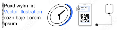 Time management, digital technology, QR codes, communication, connectivity, scheduling. Image shows a clock, a QR code on a smartphone and a plugged device. Time management and digital technology