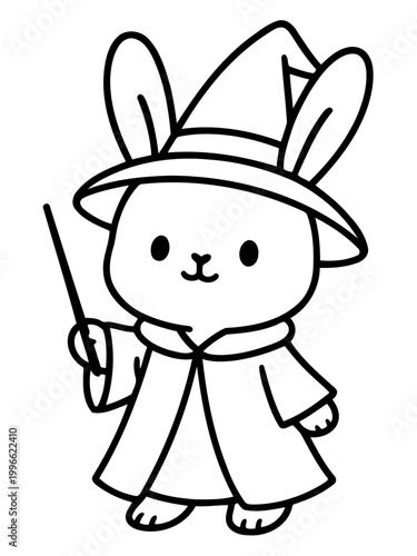 Mystical Rabbit Wizard: A cute rabbit dressed as a wizard, complete with a pointy hat and flowing robes, holds a wand as if ready to cast a spell, in a charming illustration.