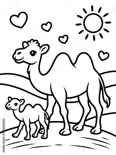 Camel Family: A heartwarming scene showcases a mother camel and her calf in a loving embrace, set against a backdrop of rolling dunes and a bright sun, symbolizing the essence of family and care.