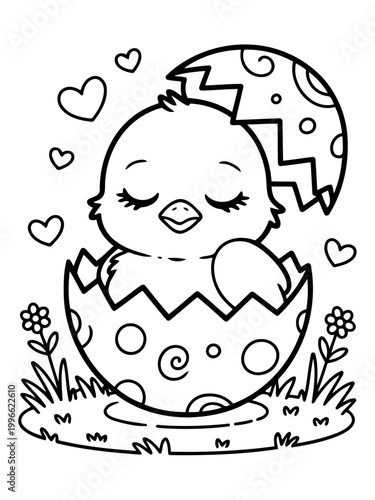 Easter Chick Illustration: A charming, newly hatched chick nestled within a cracked eggshell, surrounded by hearts and flowers, symbolizing new beginnings and the joy of spring.