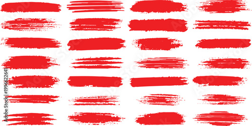 Set of red paint brush strokes and grunge texture swatches collection vector illustration for creative background design.