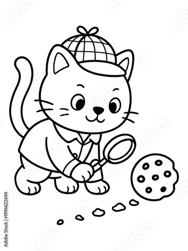 Detective Kitten's Clue: A curious kitten, dressed as a detective, examines a scattered cookie and crumb with magnifying glass, on the lookout for a sweet mystery.
