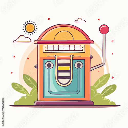 Retro Jukebox Illustration with Sun and Clouds