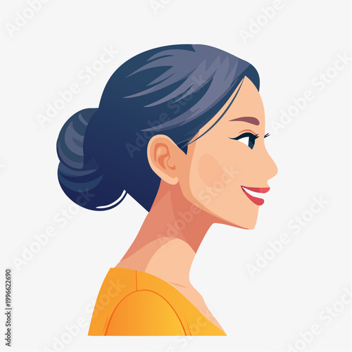 Profile of a Smiling Woman with Dark Hair in a Bun