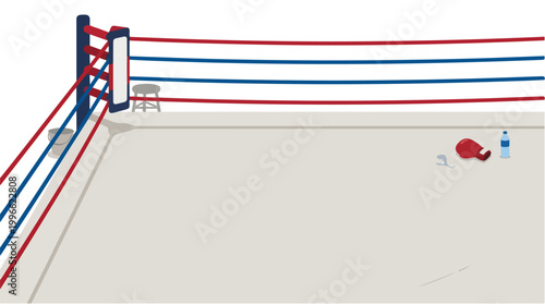An empty boxing ring in a quiet gym with red, white and blue ropes and a lone glove resting on the canvas