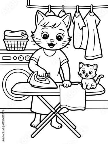Whimsical Cat Doing Laundry: An endearing cartoon cat stands proudly at an ironing board, meticulously smoothing a piece of clothing while a charming kitten gazes with admiration.