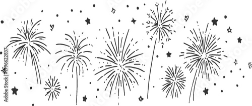 Festive hand drawn fireworks bursts and stars doodle elements vector illustration for holiday event background design.