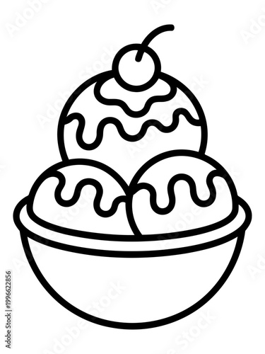 Delicious Ice Cream: A delightful illustration of ice cream scoops, adorned with drizzled sauce and a cherry, served in a bowl, perfect for a sweet treat.
