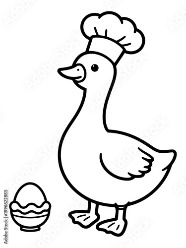 Chef Duck and Egg: A charming illustration featuring a cartoon duck donning a chef's hat, standing next to an egg in a decorative bowl, celebrating food preparation.