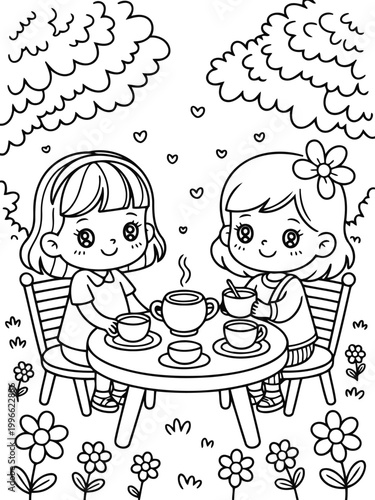 Tea Time Friends: Two animated female figures engaged in a delightful tea party amidst a serene outdoor setting, featuring charming details like tea cups, a teapot, and surrounding flora.