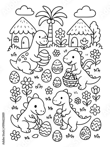 Easter Dinosaur Coloring Fun: A delightful coloring page featuring cute dinosaurs happily celebrating Easter, decorating eggs, and enjoying the festive spirit amid flowers and whimsical houses.