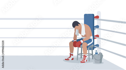 Boxer resting in the corner between rounds during a tense boxing match inside the ring with ropes surrounding him
