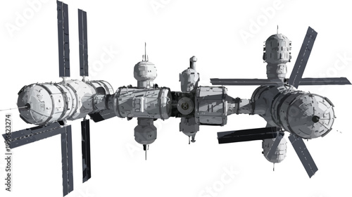 Space station module floats in a dark void while showing complex structural details and solar panel arrays.