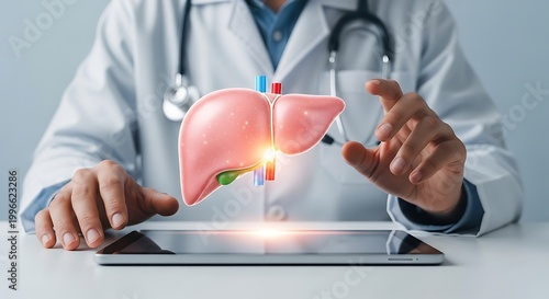 Doctor Analyzing 3D Human Liver Hologram on Digital Tablet