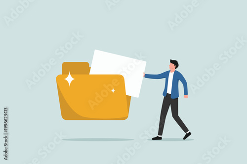 Organize files folder or archive document to be index, administration work, plan or file management, arrange online data or paperwork concept, businessman organize document file into archive folders.