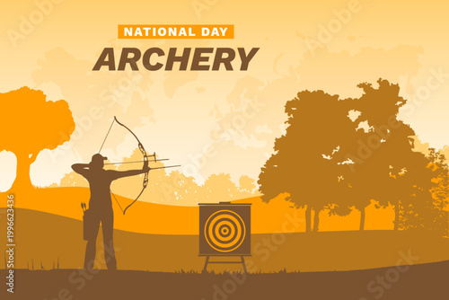 National Archery Day Silhouette Background. Woman archer using cap standing in forest landscape.