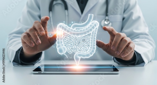 Doctor Using Digital Hologram for Digestive System Medical Checkup