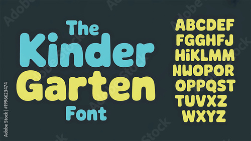 The kindergarten font displayed with rounded, bubbly, light blue and yellow letters against a dark gray background, showing the alphabet characters and the words the kindergarten font in a playful