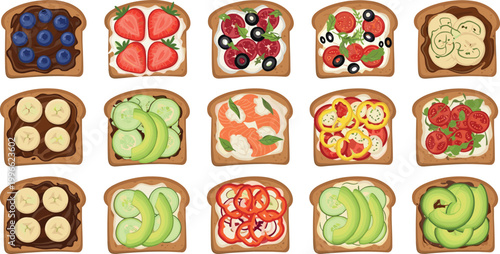 Variety of Healthy Open Faced Toasts with Blueberries Strawberries Avocado and Veggies