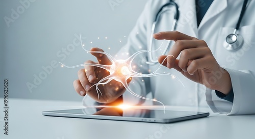 Doctor Examining Digital Neuron Hologram for Medical Assessment