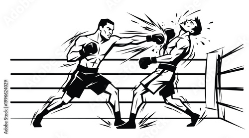 Two boxers clash in a boxing ring, exchanging rapid punches with dramatic motion, intense emotion, and athletic energy