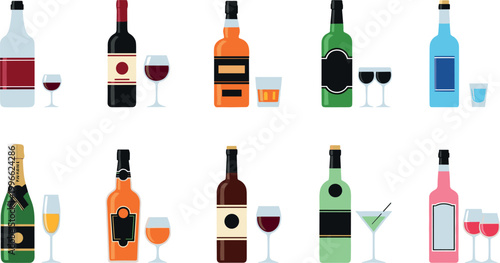 Vibrant Beverage Collection Champagne Whiskey Vodka Wine Bottles and Cocktail Glasses Vector
