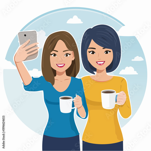 Two friends taking a selfie while holding coffee cups