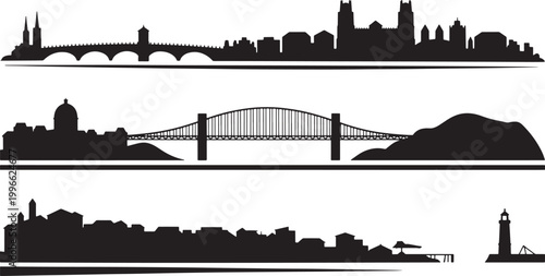Coastal city harbor silhouette with suspension bridge and lighthouse near rocky mountain shore