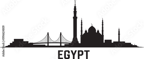 Egypt skyline silhouette with mosque and bridges in black color over transparent background