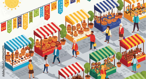 Cuadro en lienzo A vibrant outdoor market bustling with people and colorful stalls