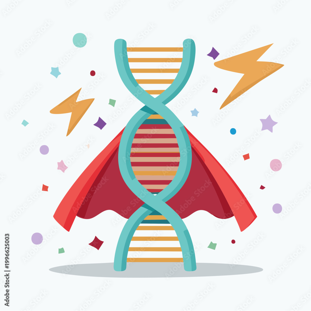 Fototapeta premium Superhero DNA Strand with Cape and Lightning Bolts
