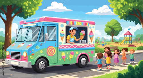 Bild auf Leinwand Colorful ice cream truck parked near playground with happy children