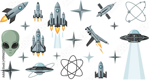 Spacecraft icons and extraterrestrial elements populate this collection of celestial graphic design assets.