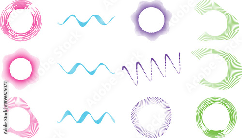 Abstract pastel gradient shapes and wavy lines vector set, collection of 12 organic circular frames and fluid wave elements in pink, blue, purple, and green. Minimalist soft aesthetic graphic