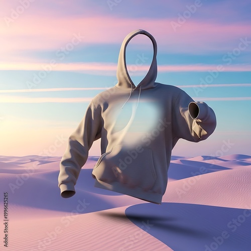 Gray Hoodie Floating in Desert at Sunset
