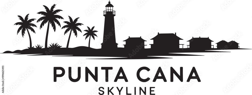 Fototapeta premium Punta cana dominican republic skyline with lighthouse palm trees and beach resort silhouette