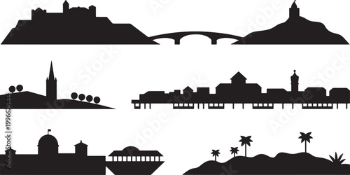 Old town silhouettes featuring stone bridges castle towers seaside buildings and tropical palms