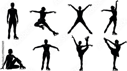 Artistic Black and White Ice Skater Icons Assorted Performance Poses and Gestures