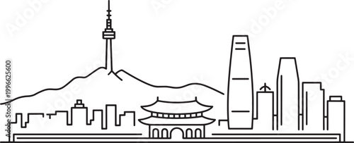 Seoul city line icon with architecture buildings skyscrapers landmark travel korean tourism